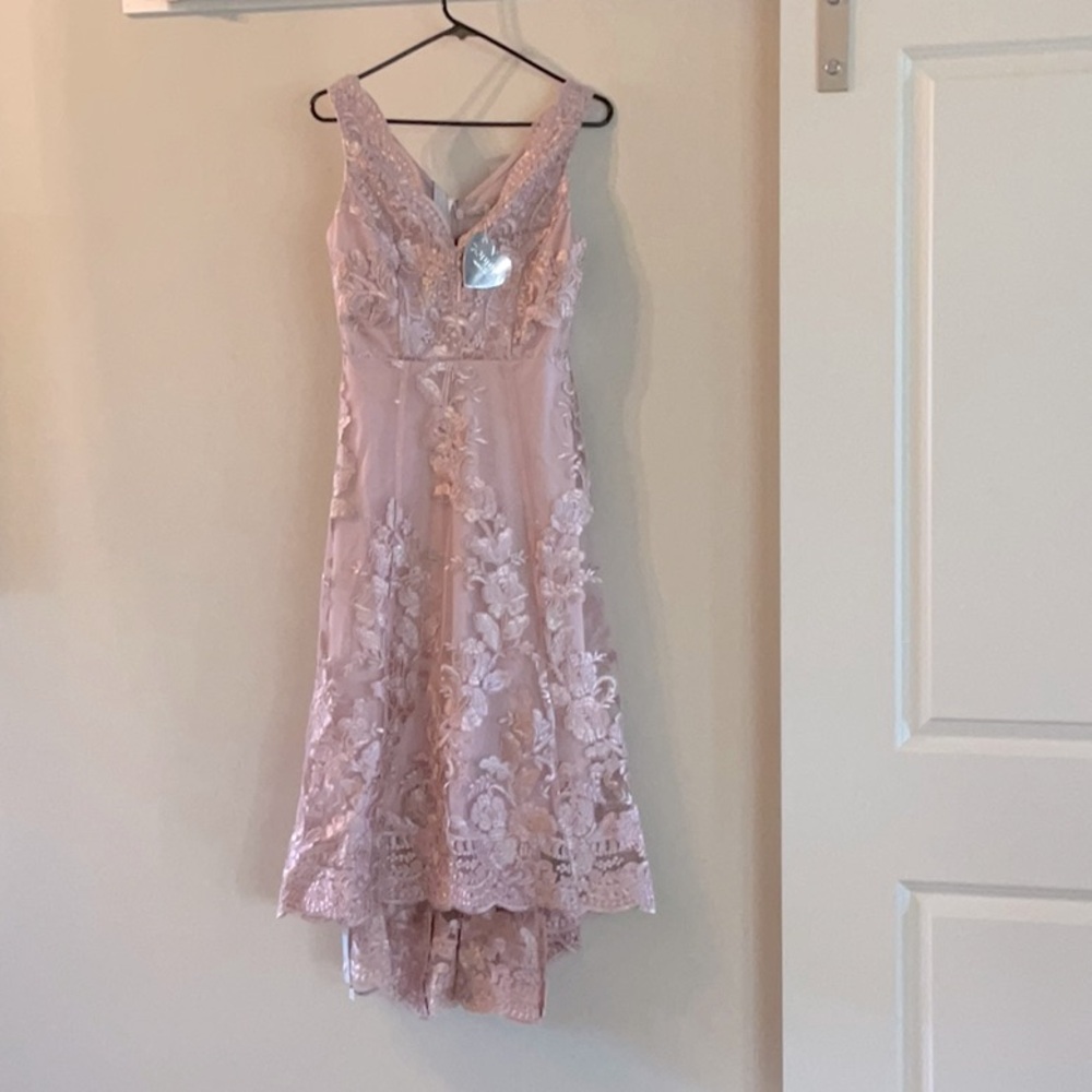 Goddiva UK scallop neck Lace midi hi-low hem in soft blush pink. Vneck/back. New